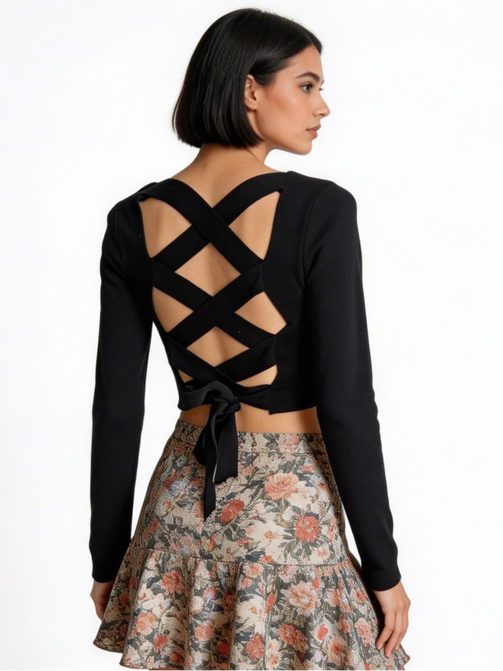 LE LIS | Black Square Neck Knit Long Sleeve Open Back Crop Top Sz S